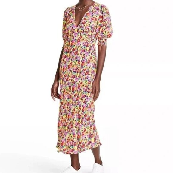 Rixo x Target Pink Multi Floral Midi Dress Puff Sleeves V Neck Women’s Size 6 - Picture 2 of 12